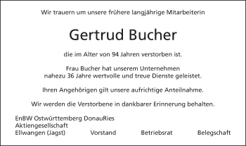 Traueranzeige von Gertrud Bucher von Schwäbische Post