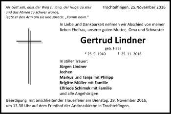Traueranzeige von Gertrud Lindner von Schwäbische Post
