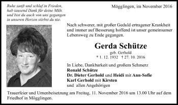 Traueranzeige von Gerda Schütze von Gmünder Tagespost
