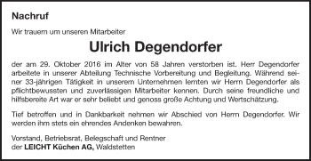 Traueranzeige von Uli Degendorfer von Gmünder Tagespost