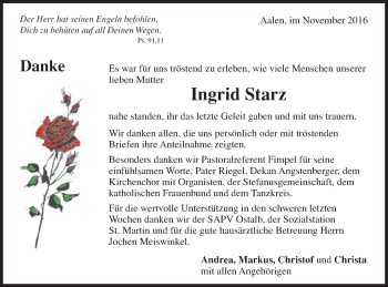Traueranzeige von Ingrid Starz von Schwäbische Post
