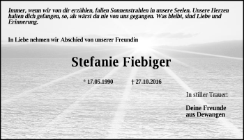 Traueranzeige von Stefanie Fiebiger von Schwäbische Post