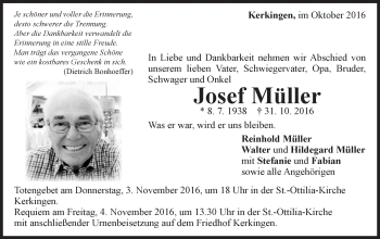 Traueranzeige von Josef Müller von Schwäbische Post