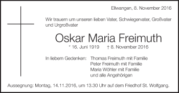 Traueranzeige von Oskar Maria Freimuth von Schwäbische Post