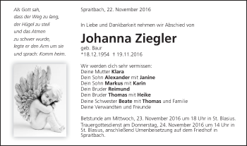 Traueranzeige von Johanna Ziegler von Gmünder Tagespost