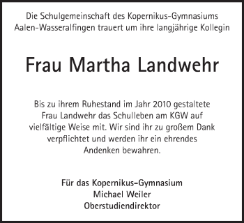 Traueranzeige von Martha Landwehr von Schwäbische Post