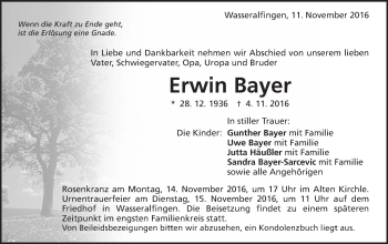 Traueranzeige von Erwin Bayer von Schwäbische Post