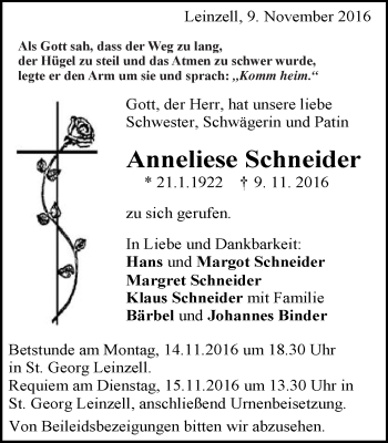 Traueranzeige von Anneliese Schneider von Gmünder Tagespost