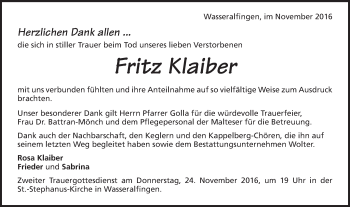 Traueranzeige von Fritz Klaiber von Schwäbische Post