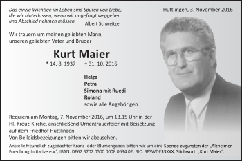 Traueranzeige von Kurt Maier von Schwäbische Post