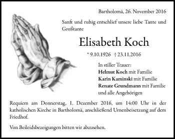 Traueranzeige von Elisabeth Koch von Gmünder Tagespost