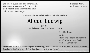Traueranzeige von Aliede Ludwig von Gmünder Tagespost