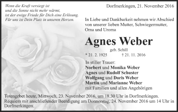 Traueranzeige von Agnes Weber von Schwäbische Post