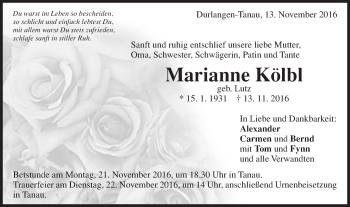 Traueranzeige von Marianne Kölbl von Gmünder Tagespost