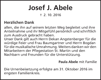Traueranzeige von Josef J. Abele von Schwäbische Post