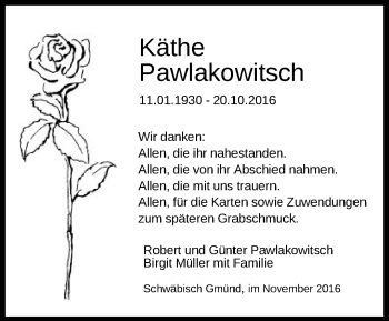 Traueranzeige von Käthe Pawlakowitsch  von Gmünder Tagespost