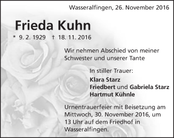 Traueranzeige von Frieda Kuhn von Schwäbische Post