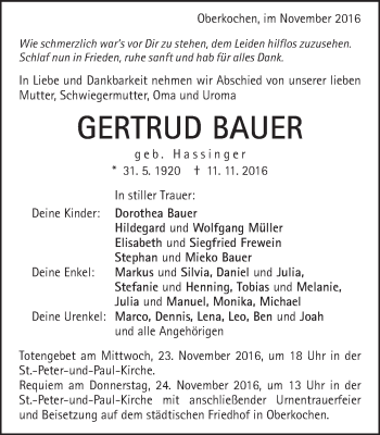 Traueranzeige von Gertrud Bauer von Amtsblatt_Oko