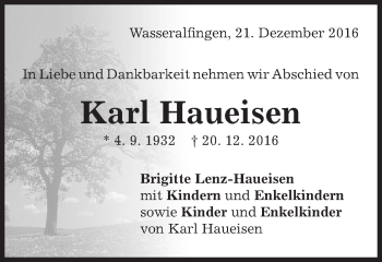 Traueranzeige von Karl Haueisen von Schwäbische Post