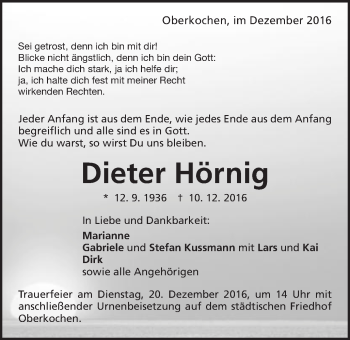 Traueranzeige von Dieter Hörning von Amtsblatt_Oko