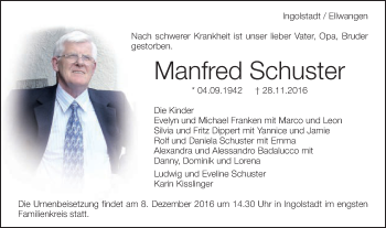 Traueranzeige von Manfred Schuster von Schwäbische Post