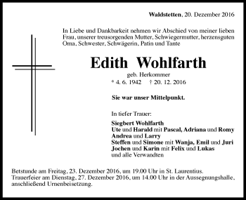Traueranzeige von Edith Wohlfarth von Gmünder Tagespost