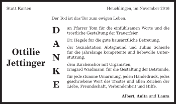 Traueranzeige von Ottilie Jettinger von Gmünder Tagespost