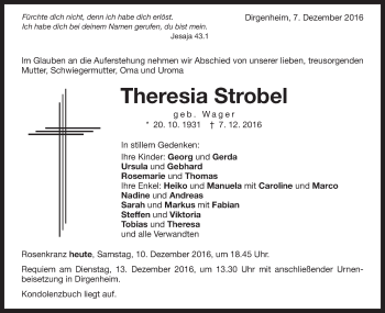 Traueranzeige von Theresia Strobel von Schwäbische Post