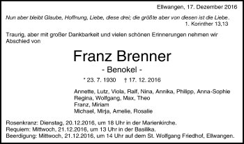 Traueranzeige von Franz Brenner von Schwäbische Post