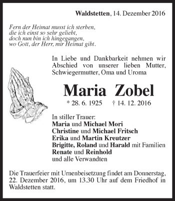 Traueranzeige von Maria Zobel von Gmünder Tagespost