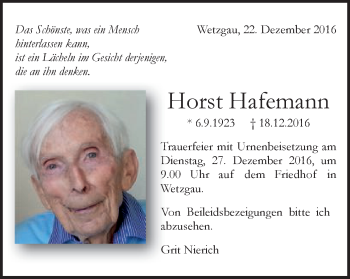 Traueranzeige von Horst Hafemann von Gmünder Tagespost