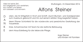 Traueranzeige von Alfons Steiner von Gmünder Tagespost