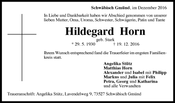 Traueranzeige von Hildegard Horn von Gmünder Tagespost