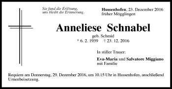 Traueranzeige von Anneliese Schnabel von Gmünder Tagespost