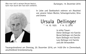 Traueranzeige von Ursula Dellinger von Gmünder Tagespost