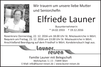 Traueranzeige von Elfriede Launer von Schwäbische Post