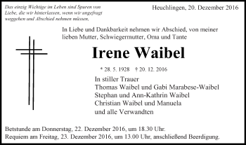 Traueranzeige von Irene Waibel von Gmünder Tagespost
