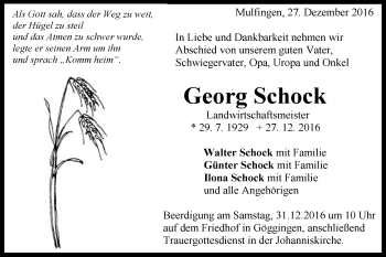 Traueranzeige von Georg Schock  von Gmünder Tagespost