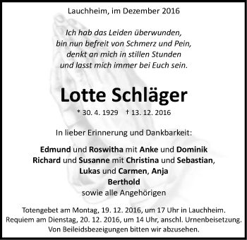 Traueranzeige von Lotte Schläger von Schwäbische Post