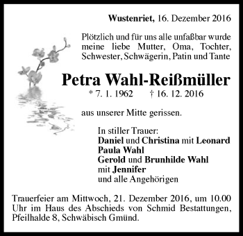 Traueranzeige von Petra Wahl-Reißmüller von Gmünder Tagespost