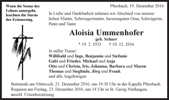 Traueranzeige von Aloisia Ummenhofer  von Gmünder Tagespost