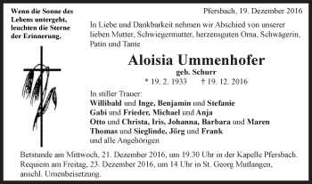 Traueranzeige von Aloisia Ummenhofer 