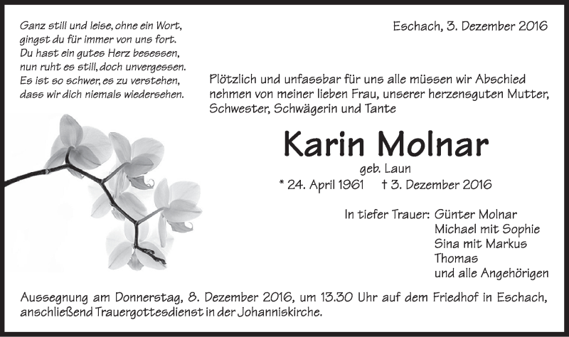  Traueranzeige für Karin Molnar vom 06.12.2016 aus Gmünder Tagespost