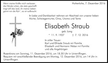 Traueranzeige von Elisabeth Straub von Schwäbische Post