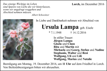 Traueranzeige von Ursula Lampa von Gmünder Tagespost
