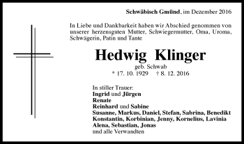 Traueranzeige von Hedwig Klinger von Gmünder Tagespost
