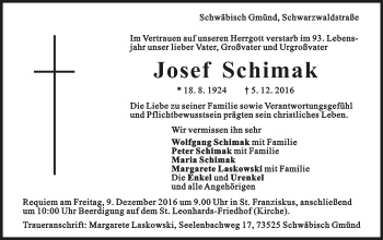 Traueranzeige von Josef Schimak  von Gmünder Tagespost