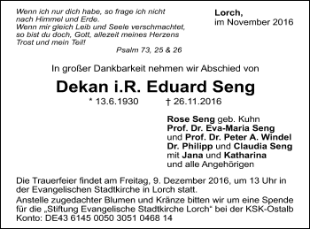 Traueranzeige von Eduard Seng von Gmünder Tagespost
