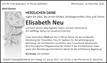 Traueranzeige von Elisabeth Neu von Schwäbische Post