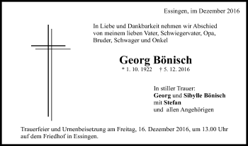 Traueranzeige von Georg Bönisch von Schwäbische Post